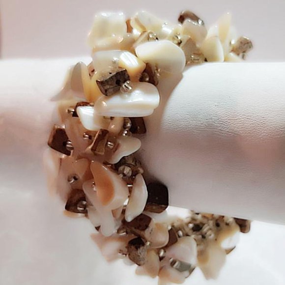 Elastic Bracelet (br10) Handmade Natural Beige Brown Mother of Pearl Shell 7"-8" - Picture 8 of 9